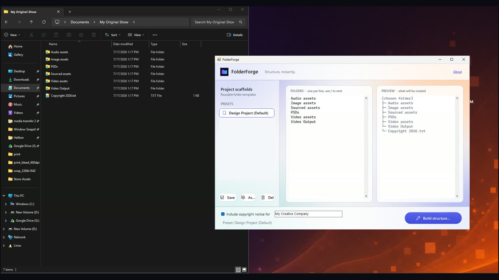 FolderForge building a project folder structure on Windows