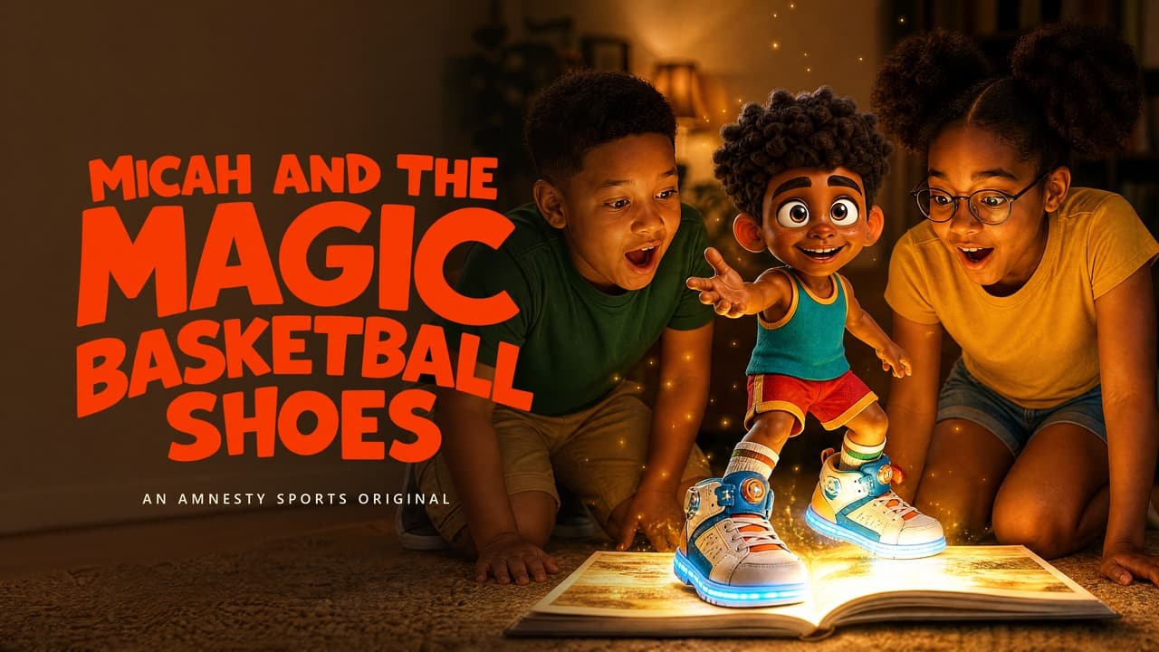 Micah and the Magic Basketball Shoes commercial key art with two children and Micah emerging from a glowing book