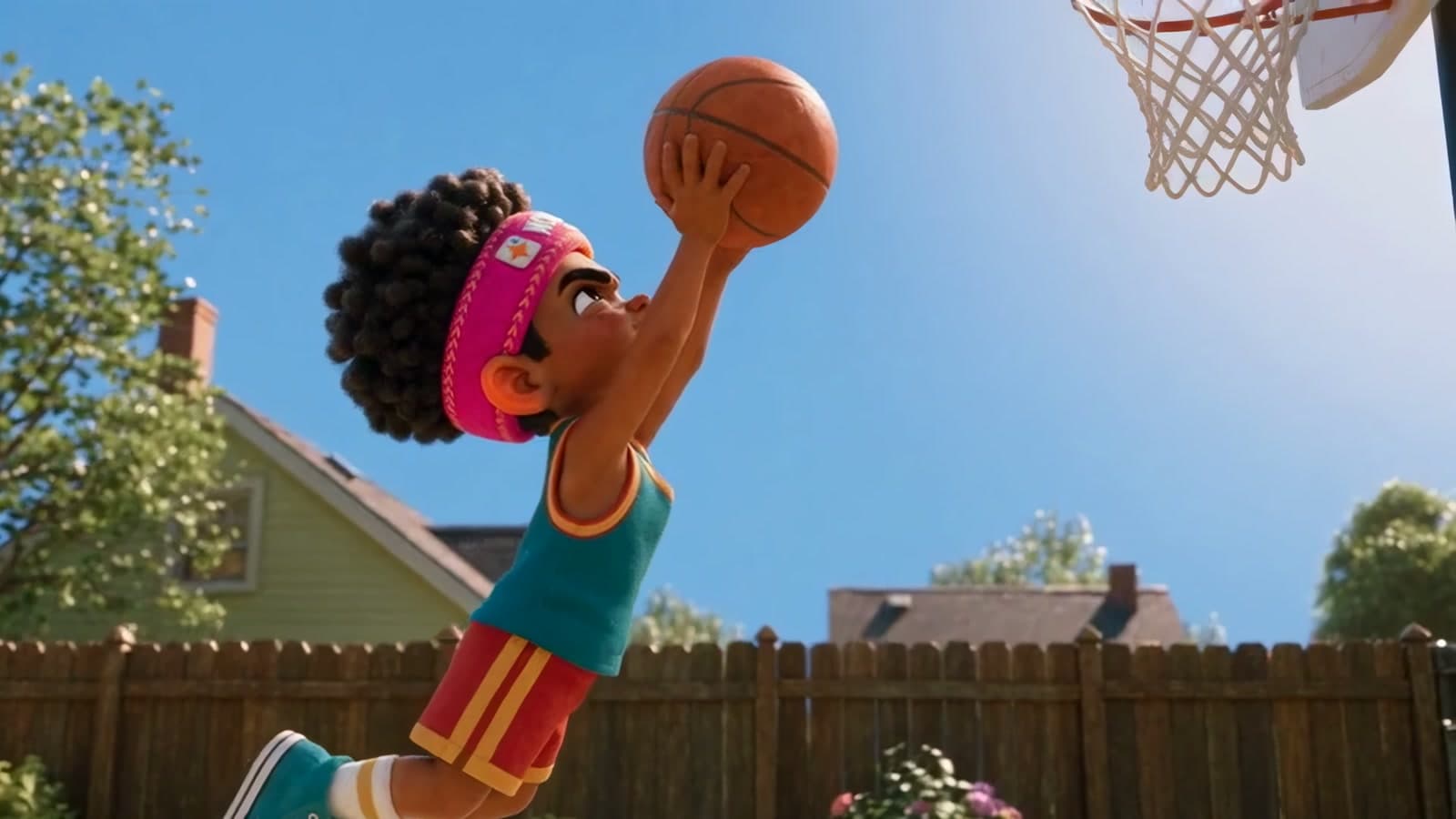 Micah in his headband leaping toward the hoop with the basketball raised over his head, blue sky behind.