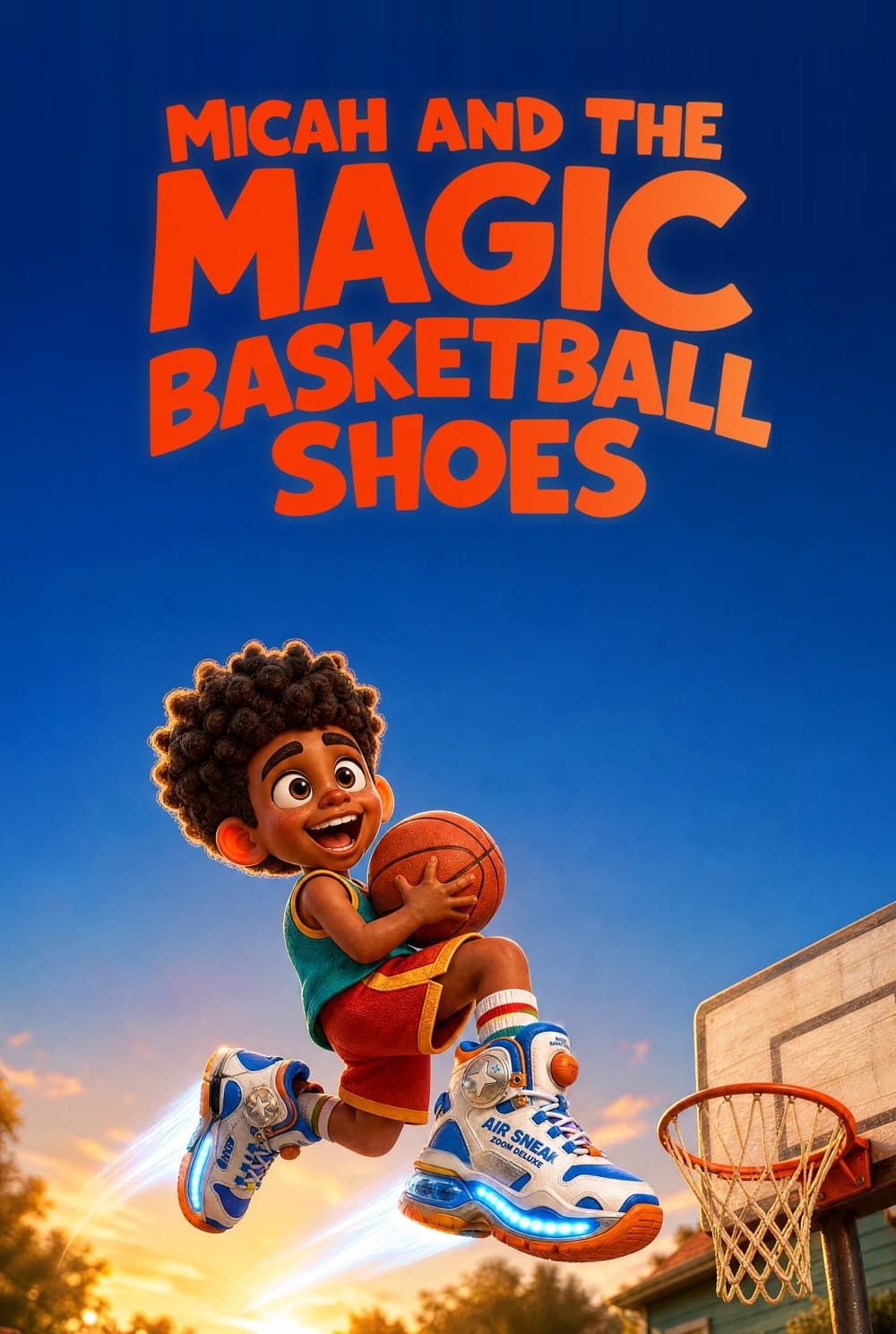 Front cover of Micah and the Magic Basketball Shoes: Micah leaps toward a hoop at sunset wearing glowing sneakers, holding a basketball.