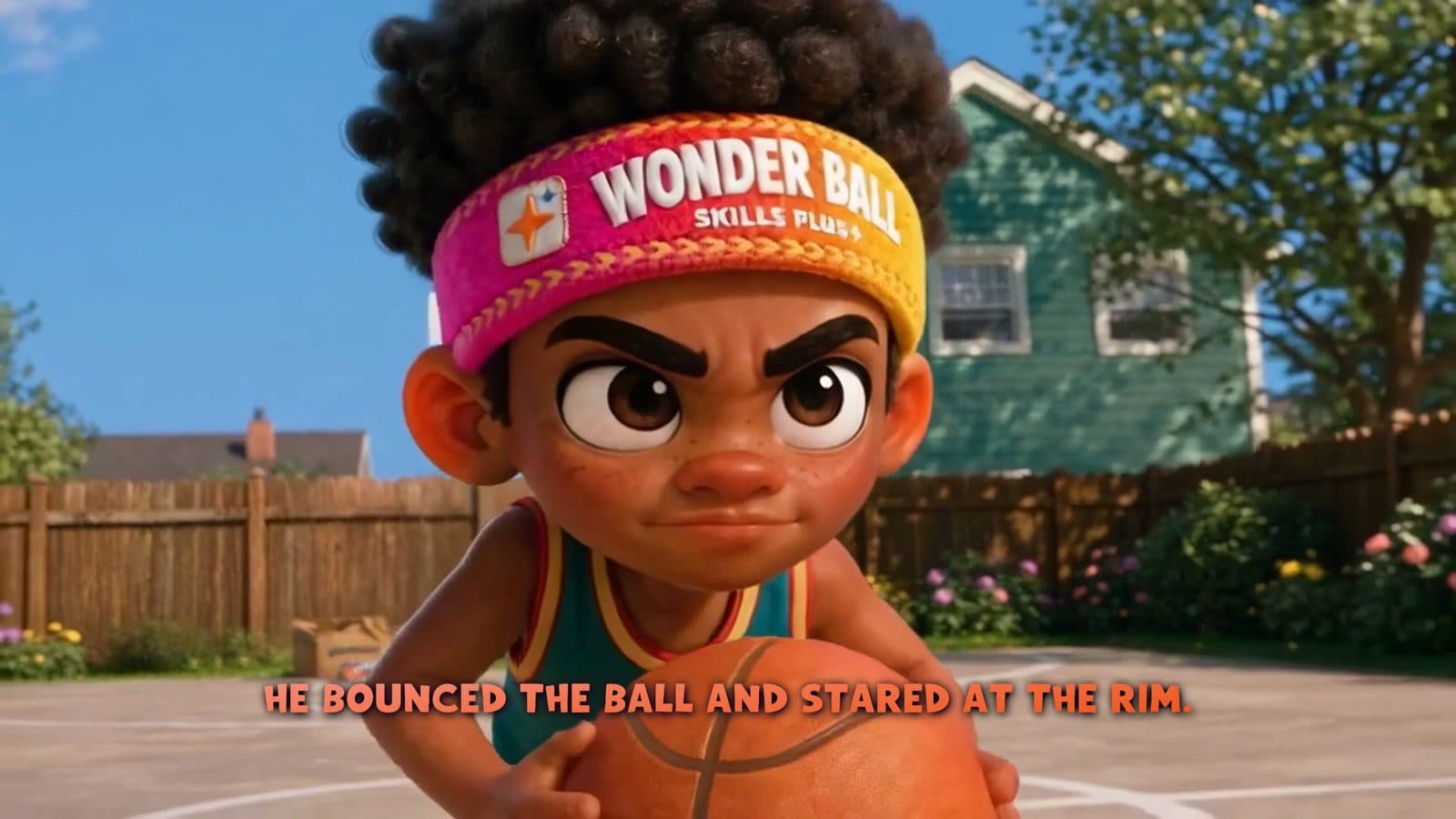 Micah wearing a pink Wonder Ball headband, holding a basketball, staring at the hoop with a determined expression.