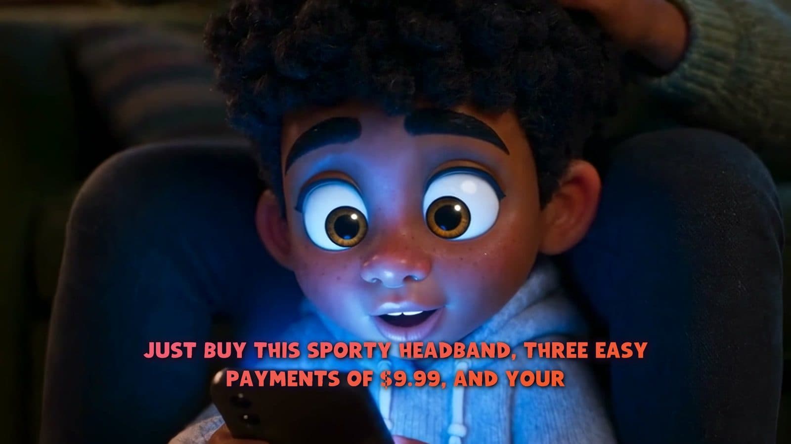 Micah's face lit by a phone screen as he watches an ad for a sporty headband; on-screen caption reads Just buy this sporty headband, three easy payments of $9.99.