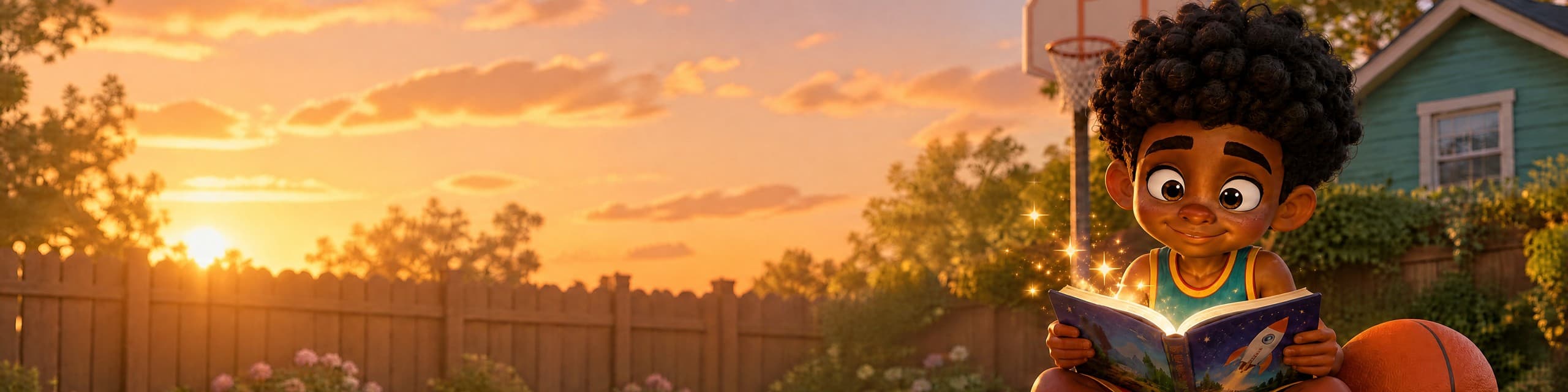 Micah reading a book on a backyard basketball court at sunset, sparkles rising from the pages