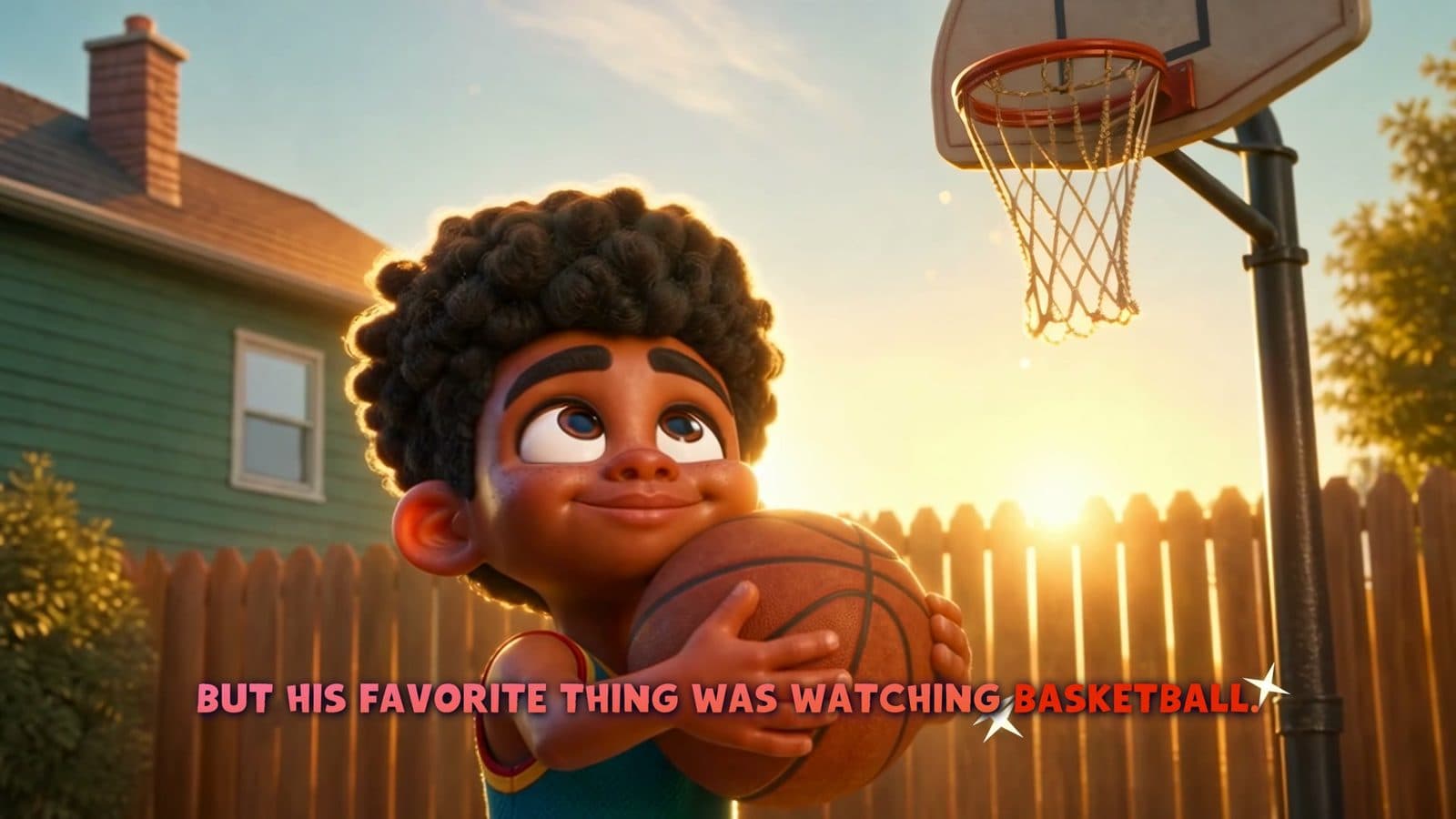 Micah holds a basketball at sunset; on-screen caption reads But his favorite thing was watching basketball, with the word basketball glowing orange and sparkling.