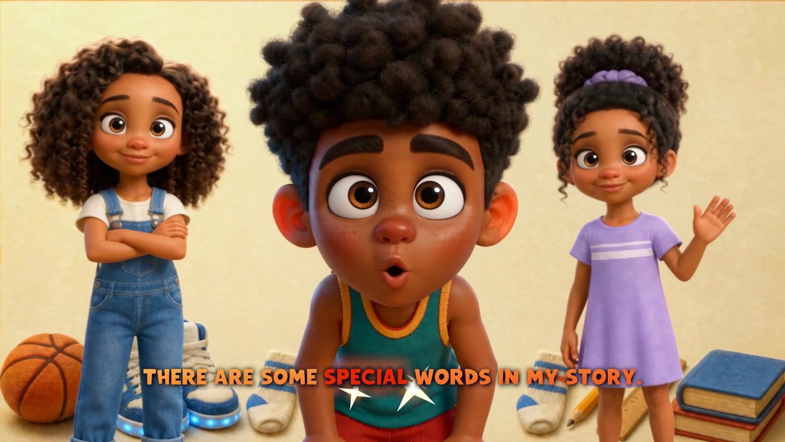 Micah stands between his two older sisters in the Words To Know segment; caption reads There are some special words in my story, with special highlighted.